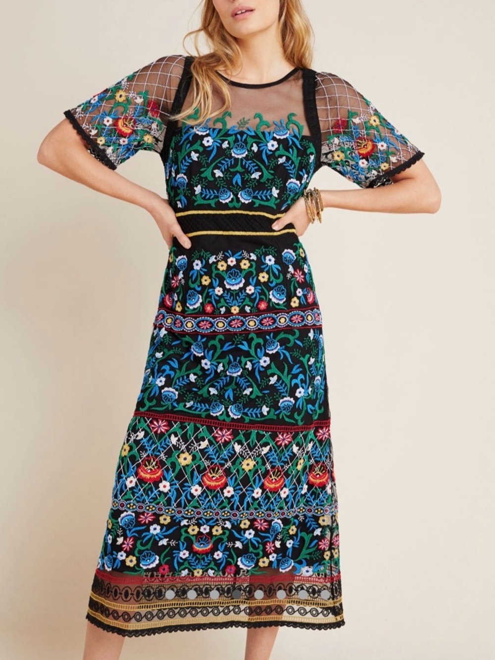 RARE Anthropologie Esther Embroidered Midi Dress Black Floral Boho Enchanted 4